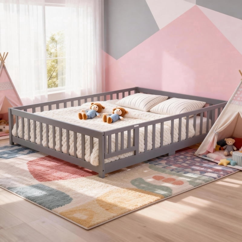 ASINMAK Floor Bed with Door and Fence, Gray