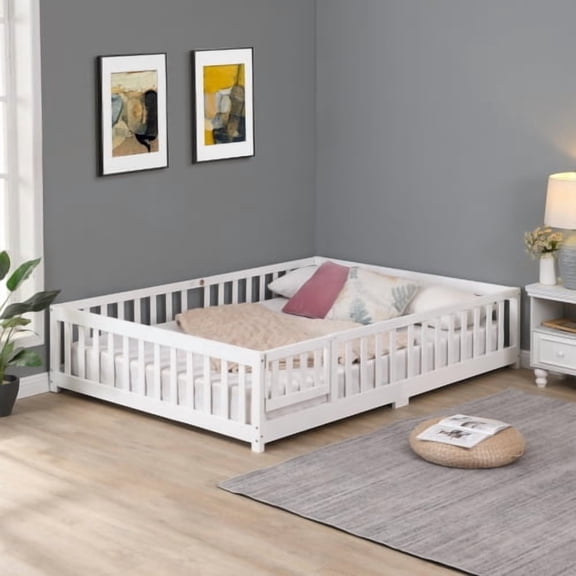 Twin Size Floor Bed with Door,Solid Wood Platform Bed Frame with Fence,Suitable for children,Pine Wood,White