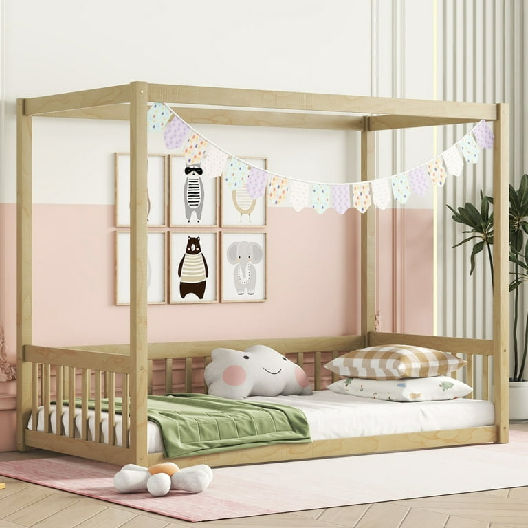 Twin Size Floor Bed with Fence Canopy Bed with Guardrails Montessori Floor Bed for Kids Natural