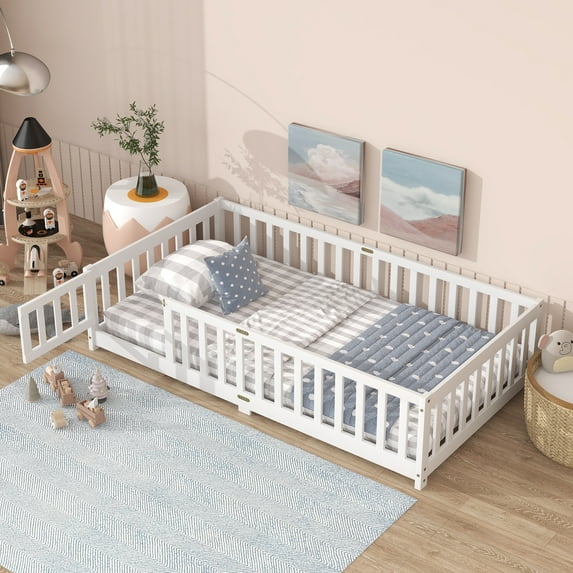 Twin Size Floor Bed with Fence & Door, Rubber Wood, Safety Guardrails, White