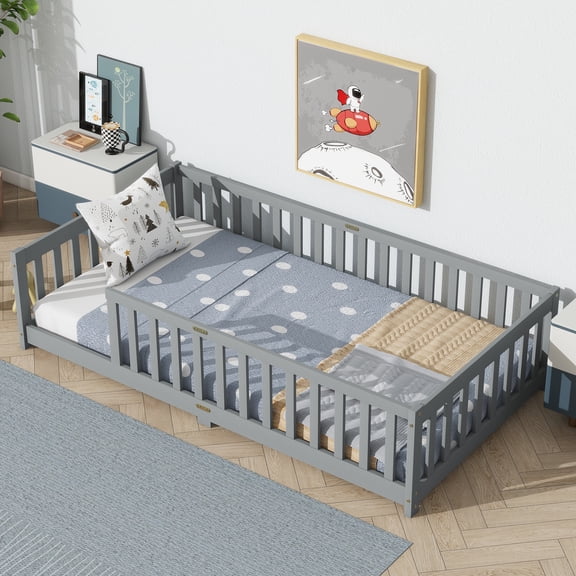 Twin Size Floor Bed with Fence, UHOMEPRO Montessori Floor Bed with Slats and Safety Guardrails, Solid Wood Twin Bed Frame for Bedroom, Gray