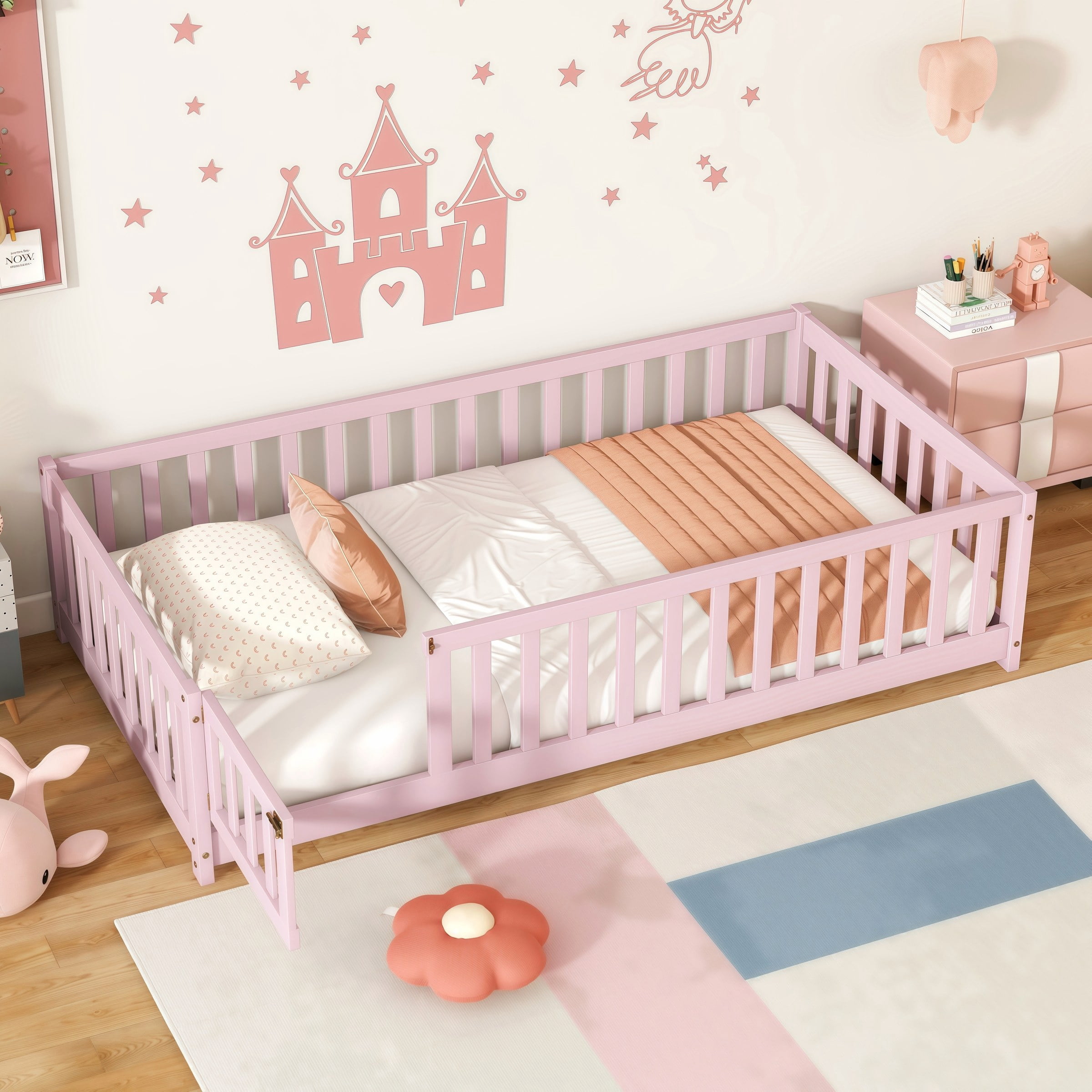 Twin Size Floor Bed with Fence and Door,Rubber Wood Floor Bed with Safety Guardrails,Pink