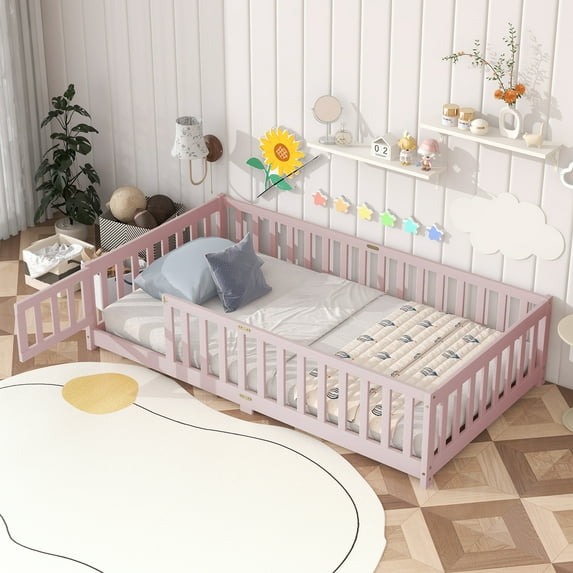 Twin Size Floor Bed with Fence and Door,Rubber Wood Floor Bed with Safety Guardrails,Pink