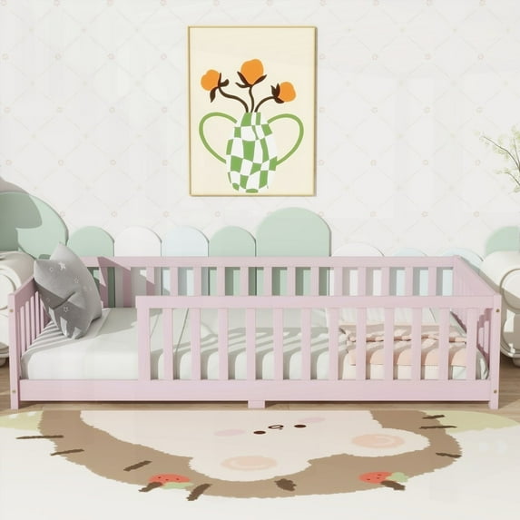 Twin Size Rubber Wood Platform Bed with Fence without Door, Pink, for Bedroom