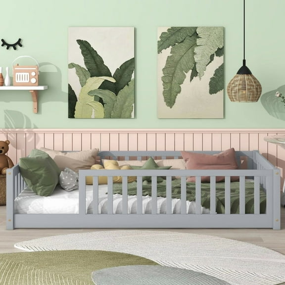 Twin Size Floor Bed with Fence without Door, Rubber Wood Floor Bed with Safety Guardrails,Grey