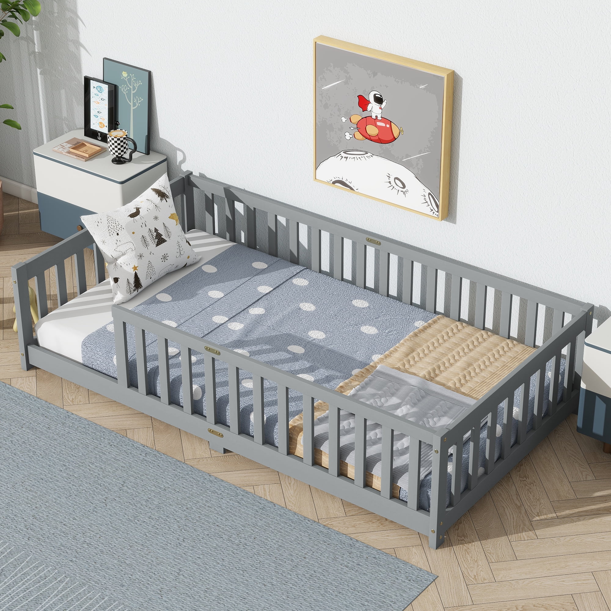 Twin Size Floor Bed with Fence without Door, Rubber Wood Floor Bed with Safety Guardrails,Grey