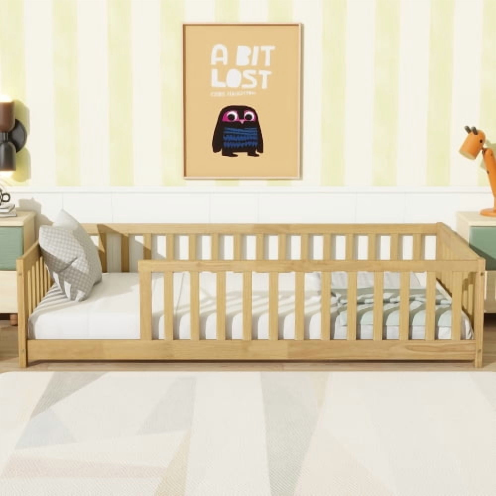 Twin Size Floor Bed with Fence without Door, Rubber Wood Floor Bed with Safety Guardrails,Natural