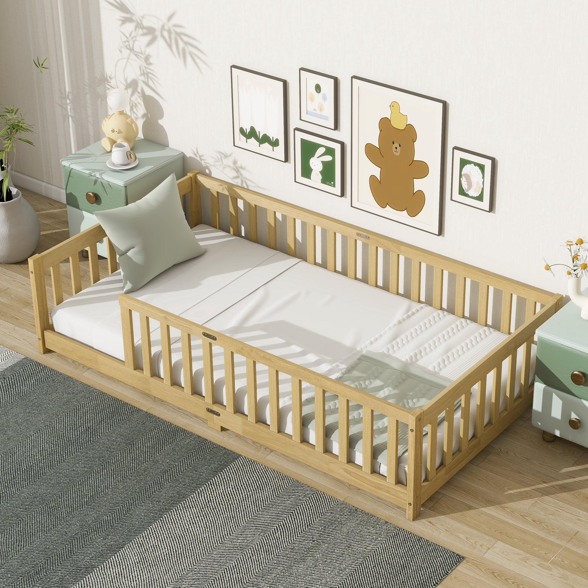 Twin Size Floor Bed with Fence without Door, Rubber Wood Floor Bed with Safety Guardrails,Natural