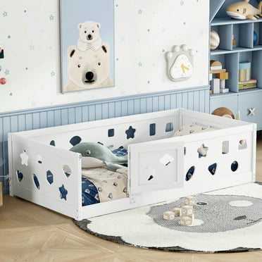 Twin Size Floor Bed with Heightened Safety Guardrails and Door, Solid Wood Bedframe with Rails for Kids, White