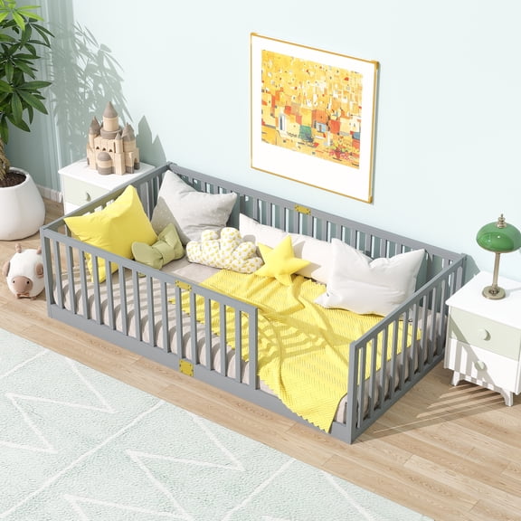 Twin Size Floor Bed with High Fence Railings, 6 Slats Included, Rubber Wood Floor Bed with Safety Guardrails, without Door,Grey