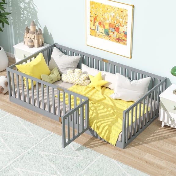 Twin Size Floor Bed with High Fence Railings, with Door, Rubber Wood Floor Bed with Safety Guardrails,Grey