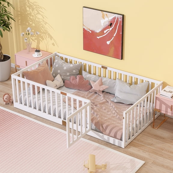 Twin Size Floor Bed with High Fence Railings, with Door, Rubber Wood Floor Bed with Safety Guardrails,White
