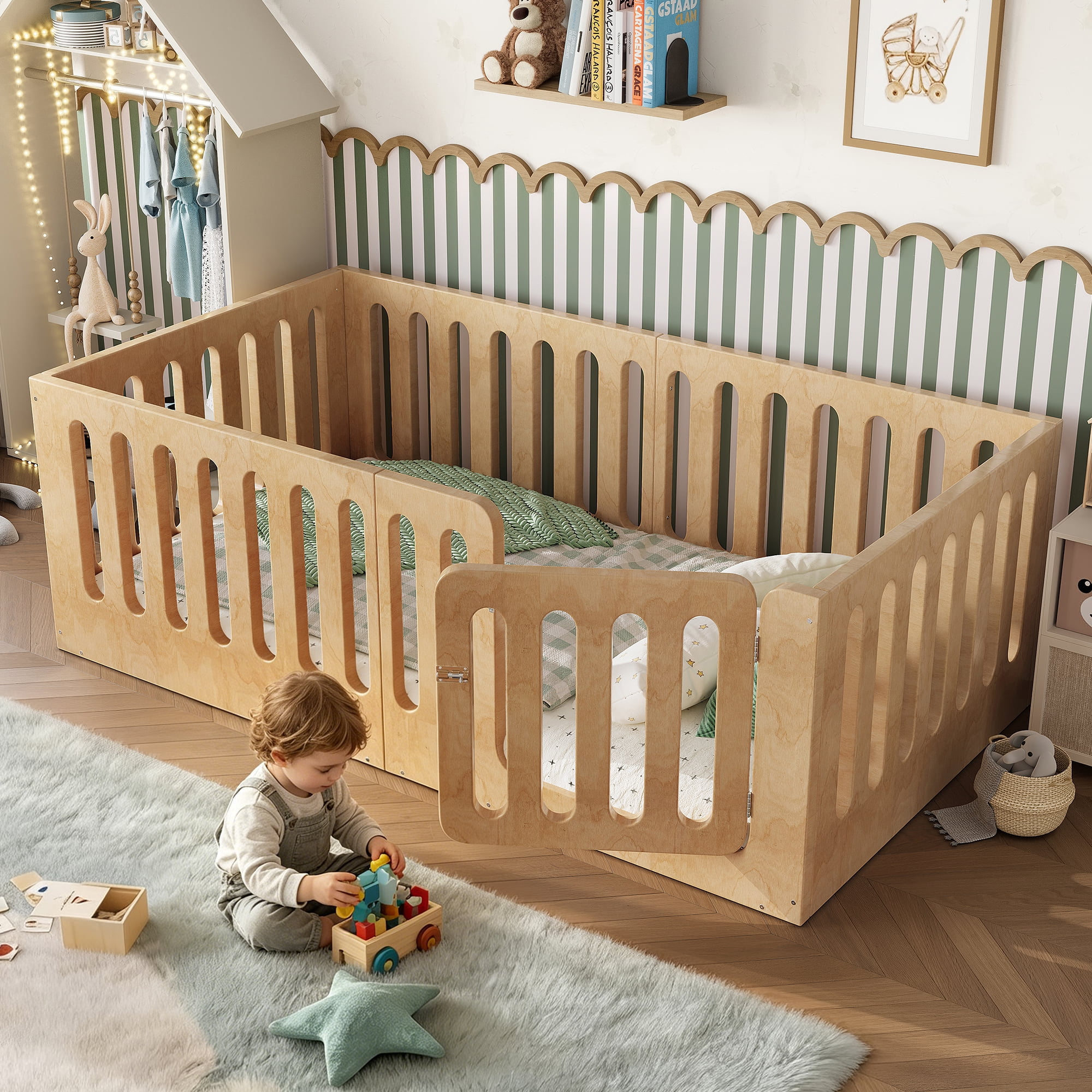 Twin Size Floor Bed with High Fence for Kids, Solid Wood Kids Montessori Bed with Door, low-profile and No Box Spring Needed Design, Natural