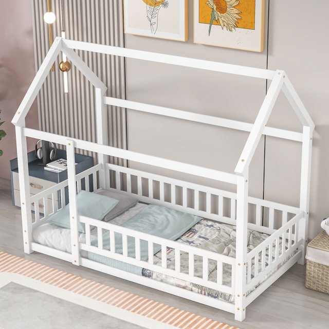 Twin Size Floor Bed with House Roof Frame, Floor Bed Frame with Fence
