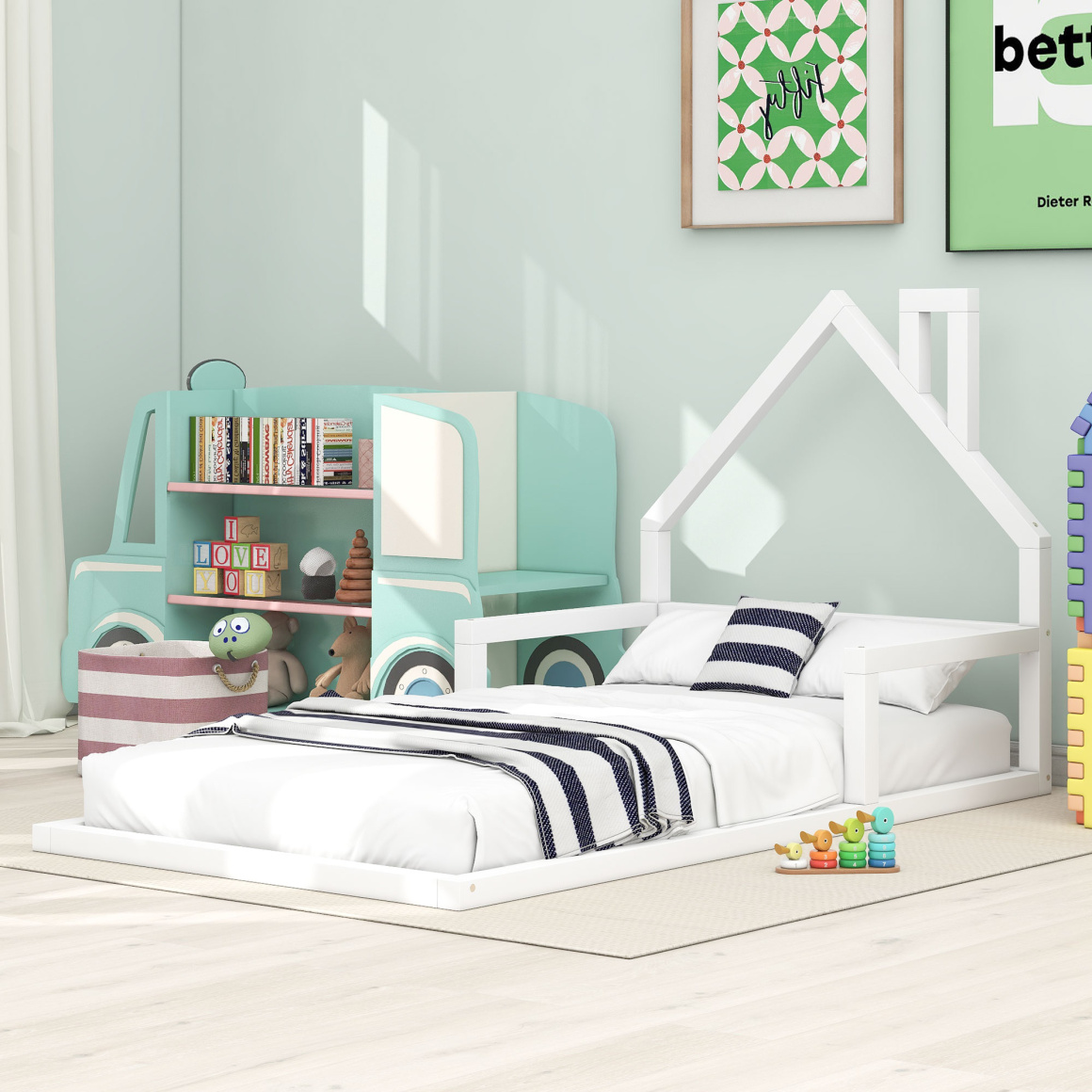 Twin Size Floor Bed with Houseshaped Headboard,Floor Bed Frame with