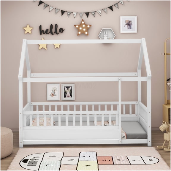 Twin Size Floor Bed with Roof and Safety Rails, Low Profile Platform Bed Frame, White Wood House Design, No Box Spring Needed