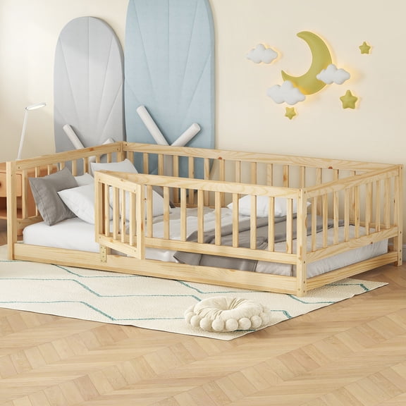 Twin Size Floor Bed with Safety Fence, Low-Profile Bed Frame with Slats and Removable Door, Montessori Style Wood Platform Bed, Oak Finish