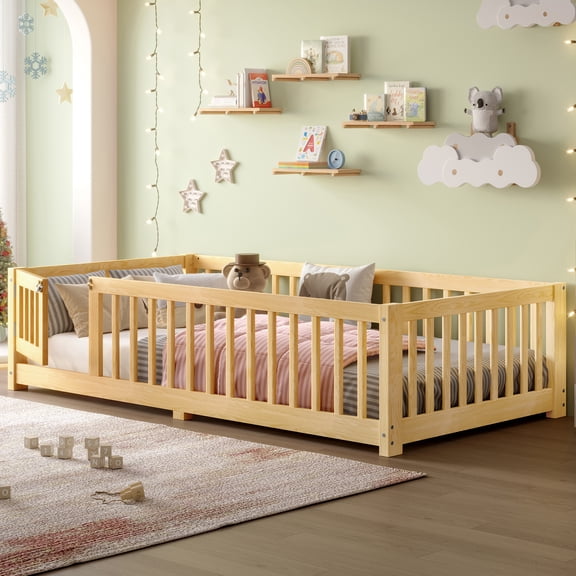 Twin Size Floor Bed with Safety Guardrails, Montessori Style Low Profile Bed Frame with Removable Door, Natural Wooden Platform Bed for Small Spaces