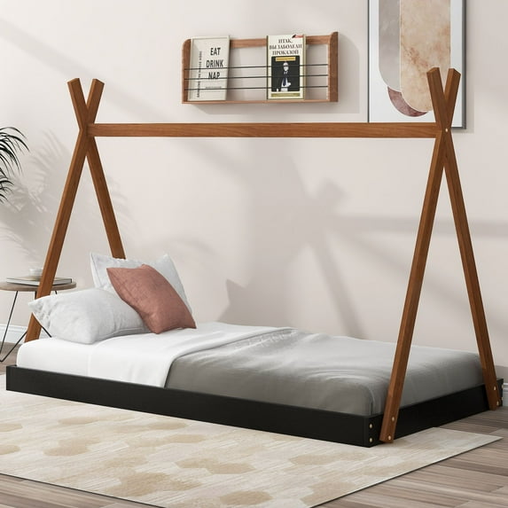 Twin Size Floor Bed with Triangle Structure, Floor Bed with Solid Wood, Platform Bed Frame for Girls Boys,No Box Spring Needed(Black, Twin)