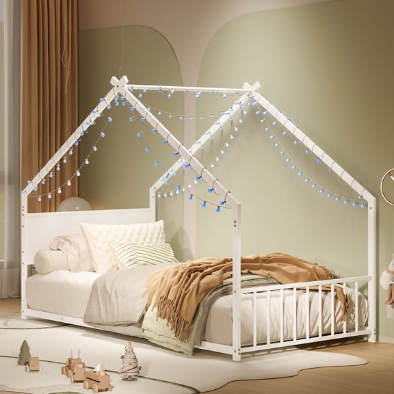 Twin Size Floor BedFrame with roof and Lights, Metal Bed Frame with Slats and Legs, Montessori Floor Beds with high headboard, House Bed for Boy, Girls and Young Teens, No Box Spring Needed