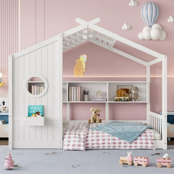 [Luckynote]Twin Size Floor House Bed, Montessori Bed with Storage Shelf, Playhouse Bed with Roof Design, White