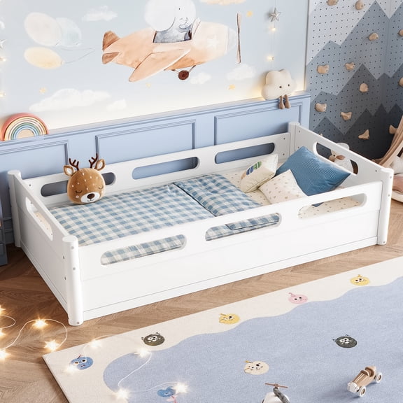 Twin Size Floor Platform Bed with Full-Length Guardrails, Low Profile Twin Bed Frame, No Box Spring Needed, for Bedroom, Guest Room, Dorm, White