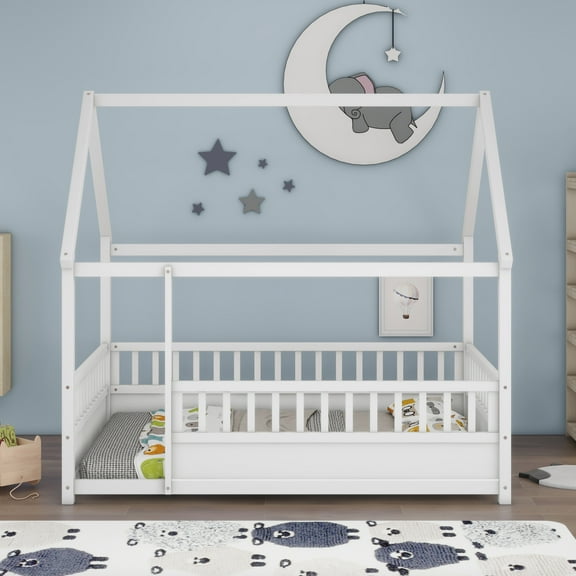 Twin Size Floor Wooden Bed with House Roof Frame, Fence Guardrails,White