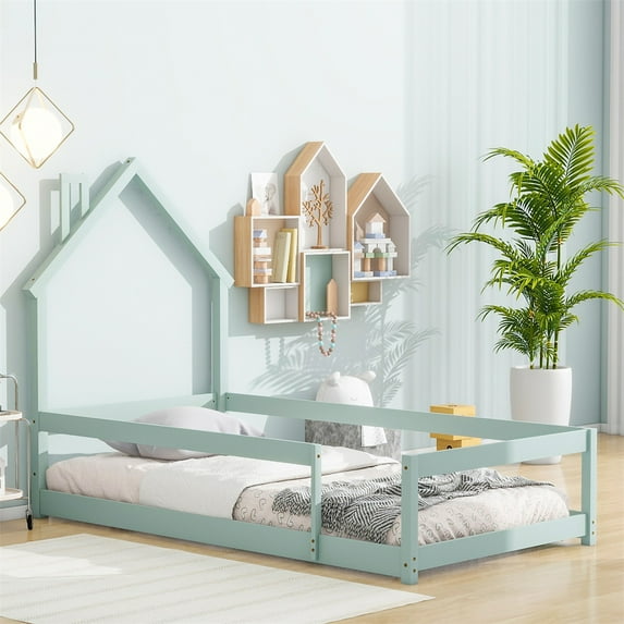 Twin Size Floor bed, Solid Wood Montessori Bed with Roof & Chimney & Fences, House Bed for Boys Girls, Light Green