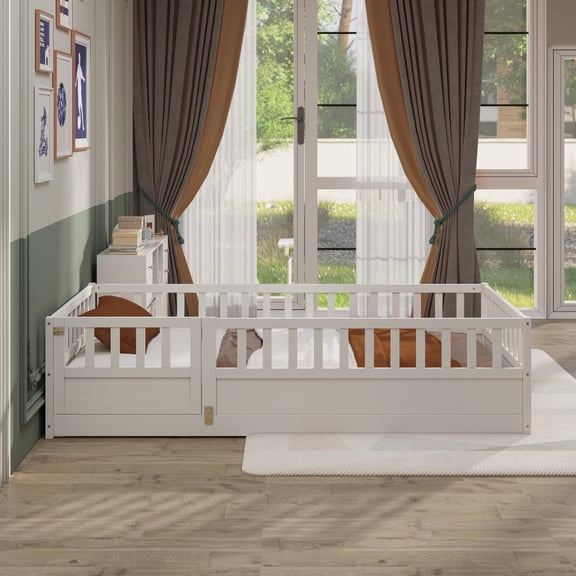 [Luckynote]Twin Size Floor Bed - Montessori Solid Wood Platform with 21.5" Security Barrier & Lockable Door, Natural Pine, No Box Spring Needed