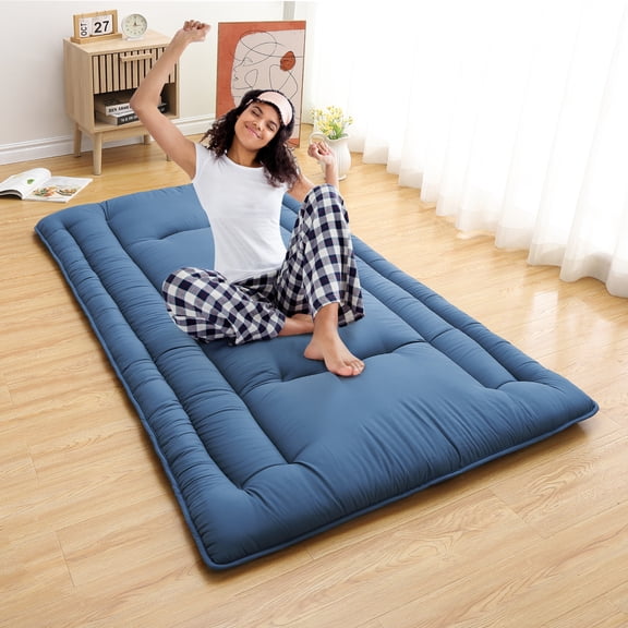 Twin Size Foldable Floor Mattress, Japanese-Style Roll-Up Foam Sleeping Mat, Space-Saving Tatami Floor Bed for Living Room or Bedroom, Navy Blue