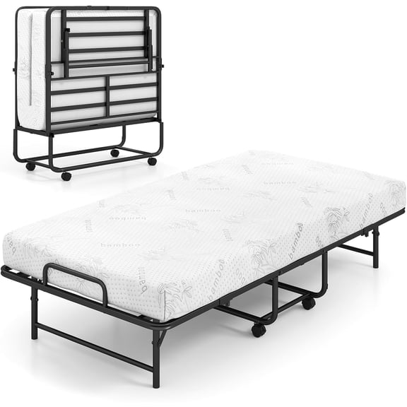 Twin Size Folding Bed with 5-Inch Mattress, 75" x 38" Rollaway Guest Bed with Memory Foam Mattress & Metal Slat Frame, Portable Sleeper Bed with Wheels for Guest Room, Apartments, Dorms