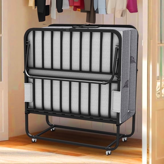 Twin Size Folding Bed with Mattress 75"X38" for Adults 5" Memory Foam Mattress Rollaway Portable Foldable Guest Student Extra Bed with Sturdy Metal Slats Frame on Wheels Fold Up Space-saving