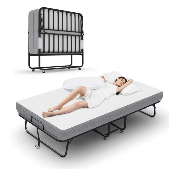 Folding Bed with Mattress for Adults, Twin Size Bed 75" x 38" Portable Foldable Bed for Guest with Sturdy Steel Pipe