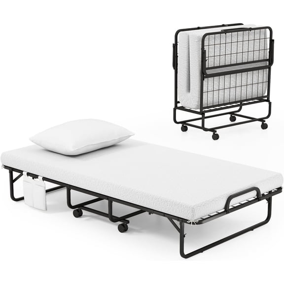 Twin Size Folding Bed with Memory Foam Pads, 75 x 39 Rollaway Guest Bed with Dust Cover, Metal Bed Frame & Lockable Wheels for Home Office