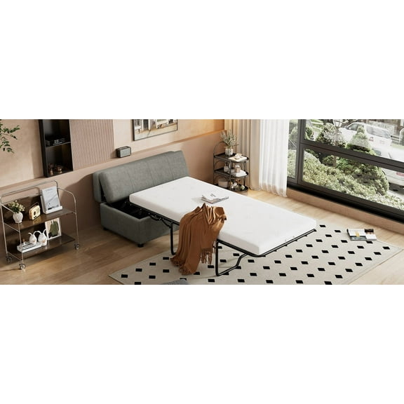 Twin Size Folding Ottoman Sleeper Bed with High-Density Foam Support, Convertible Guest Bed for Family Visits, Dark Gray