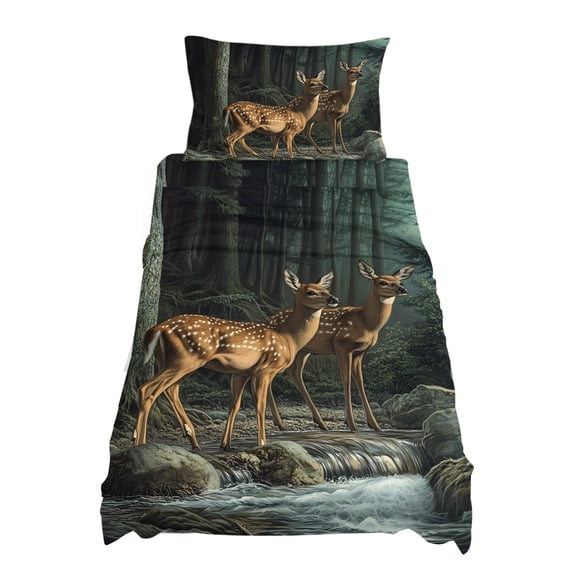 Twin Size Forest Deer Sheet Sets Animals River Soft Breathable Microfiber Bed Sheets Deep Pockets 4 Piece Bed Sheets Set, 1 Fitted Sheet, 1 Flat Sheet & 1 Pillowcases