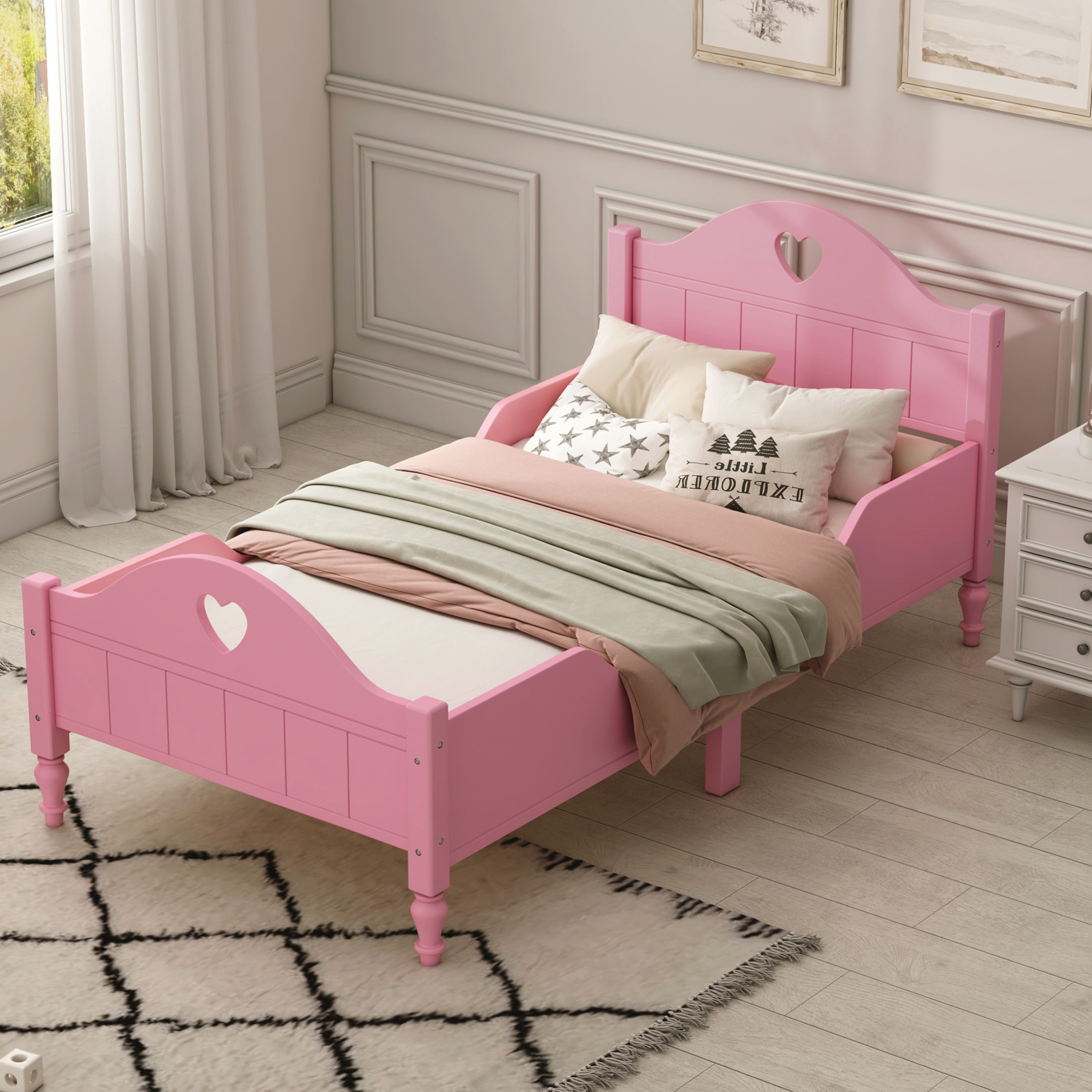 Twin Size French Wooden Bed, Macaron Toddler Bed with Side Safety Rails