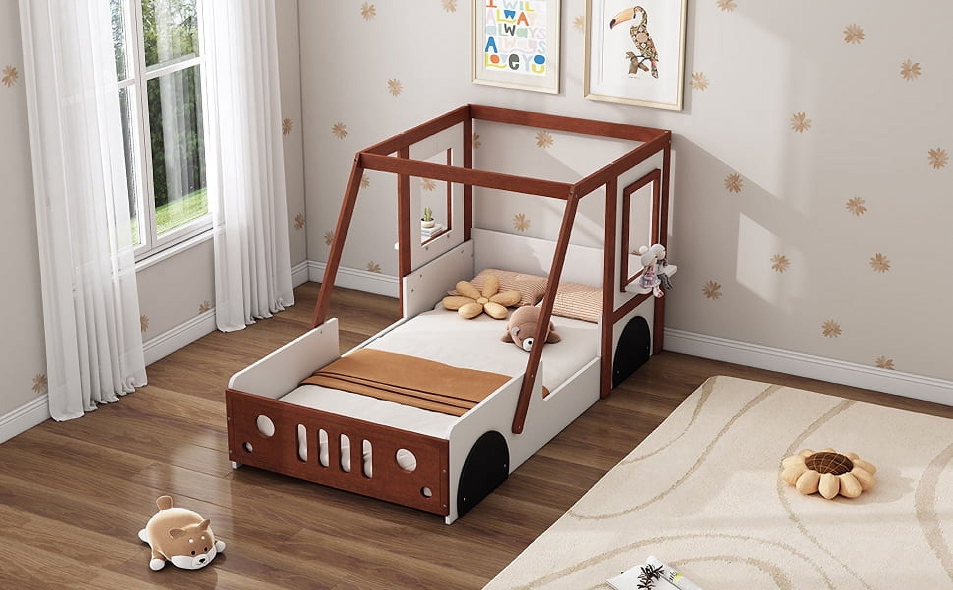 Twin Size Fun Play Car Bed in White+Orange, Solid Wood and MDF Frame, Kids Platform Bed for Boys, Girls and Teens