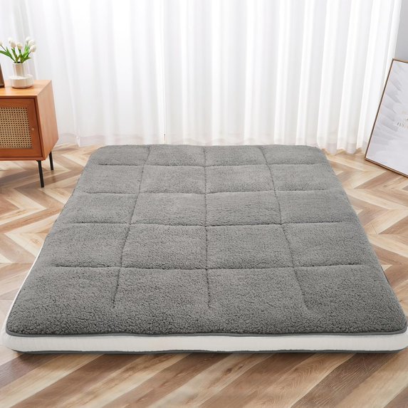 Twin Size Futon Mattress - Fleece Foldable Japanese Floor Mattress - Super Soft Fuzzy Sleeping Pad for Adults - Tatami Mat Suitable for Camping & Guest & RV Mattress- Grey (Twin:80"L x 39"W x 4"Th)