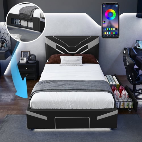 Twin Size Gaming Bed Frame with LED Lights and Storage, PU Leather Platform Bed with 2 Drawers and Shelf for Bedroom Game Room, Gray