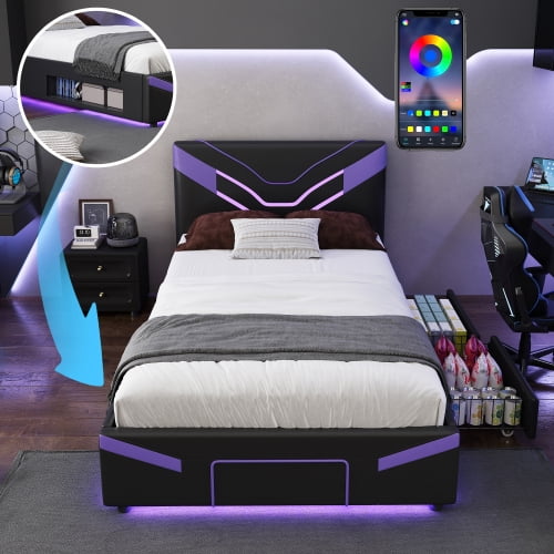 Twin Size Gaming Bed Frame with LED Lights and Storage, PU Leather Platform Bed with 2 Drawers and Shelf for Bedroom Game Room, Purple