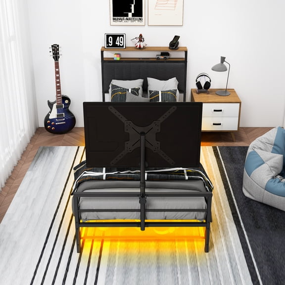 Twin Size Gaming Bed With A Rotating Tv Mount Suitable For 65 Inch Tvs And Metal Mesh Frame,Vented Console Storage, Iron Bed With Led And Powercoard