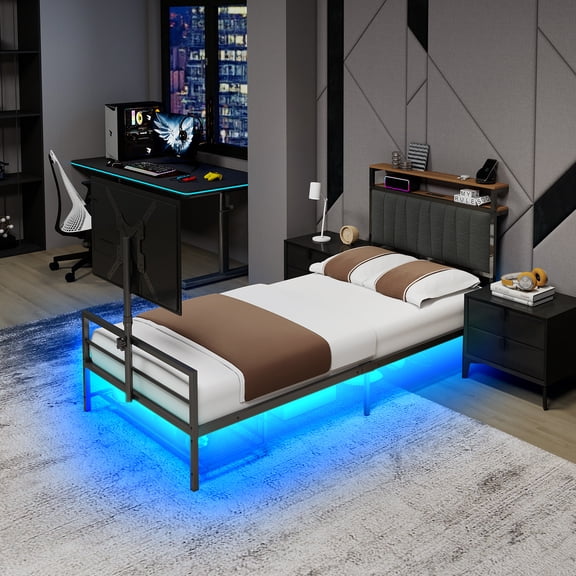 Twin Size Gaming Bed With a Rotating TV Mount Suitable for 65 Inch TVS And Metal Mesh Frame,Vented Console Storage, iron bed with Led and Powercoard
