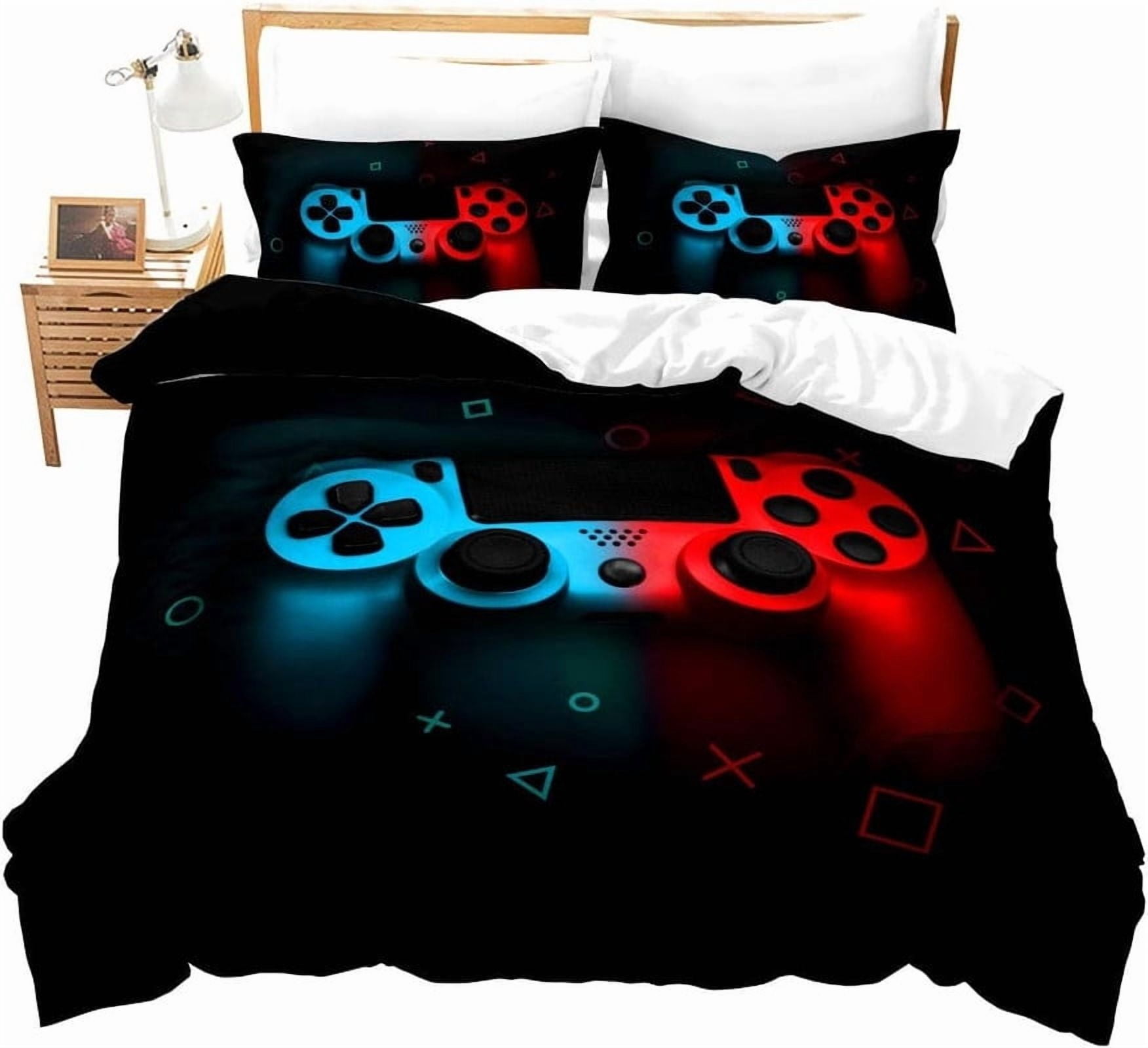 Twin Size Gaming Bedding Set - Soft Microfiber Comforter with Controller & Button Design - for Kids, Teens, Adults - Includes Pillow Sham - Gamer Room Decor