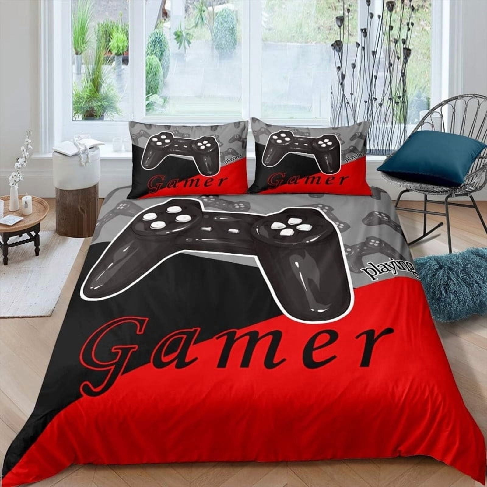 Kids Gaming Twin Size Comforter Set with 1 Comforter and 2 Pillowcase, All Season Reversible Game Controller Home Decor, Red