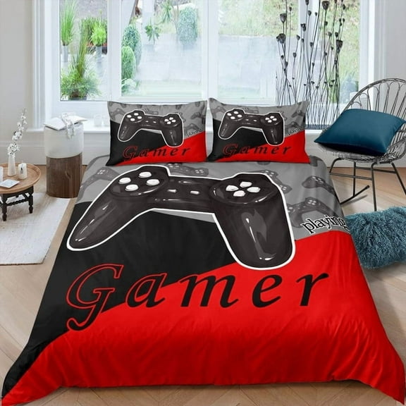 Kids Gaming Twin Size Comforter Set with 1 Comforter and 2 Pillowcase, All Season Reversible Game Controller Home Decor, Red