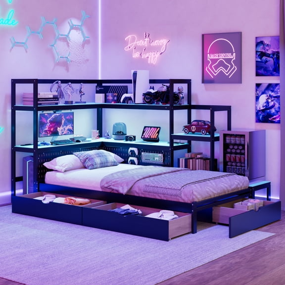 Integrated Desk and LED Light, 3 Storage Drawers Wooden Daybeds