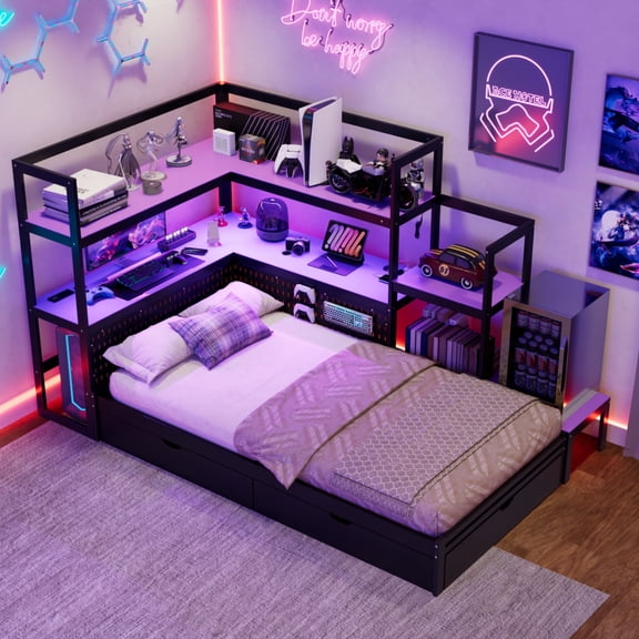 Twin Size Gaming Daybed with Integrated Desk & LED Lights, Modern Wooden Bed Frame with 3 Storage Drawers, Built-in Charging Station & Multi-Functional Headboard Bookcase,Purple+Black
