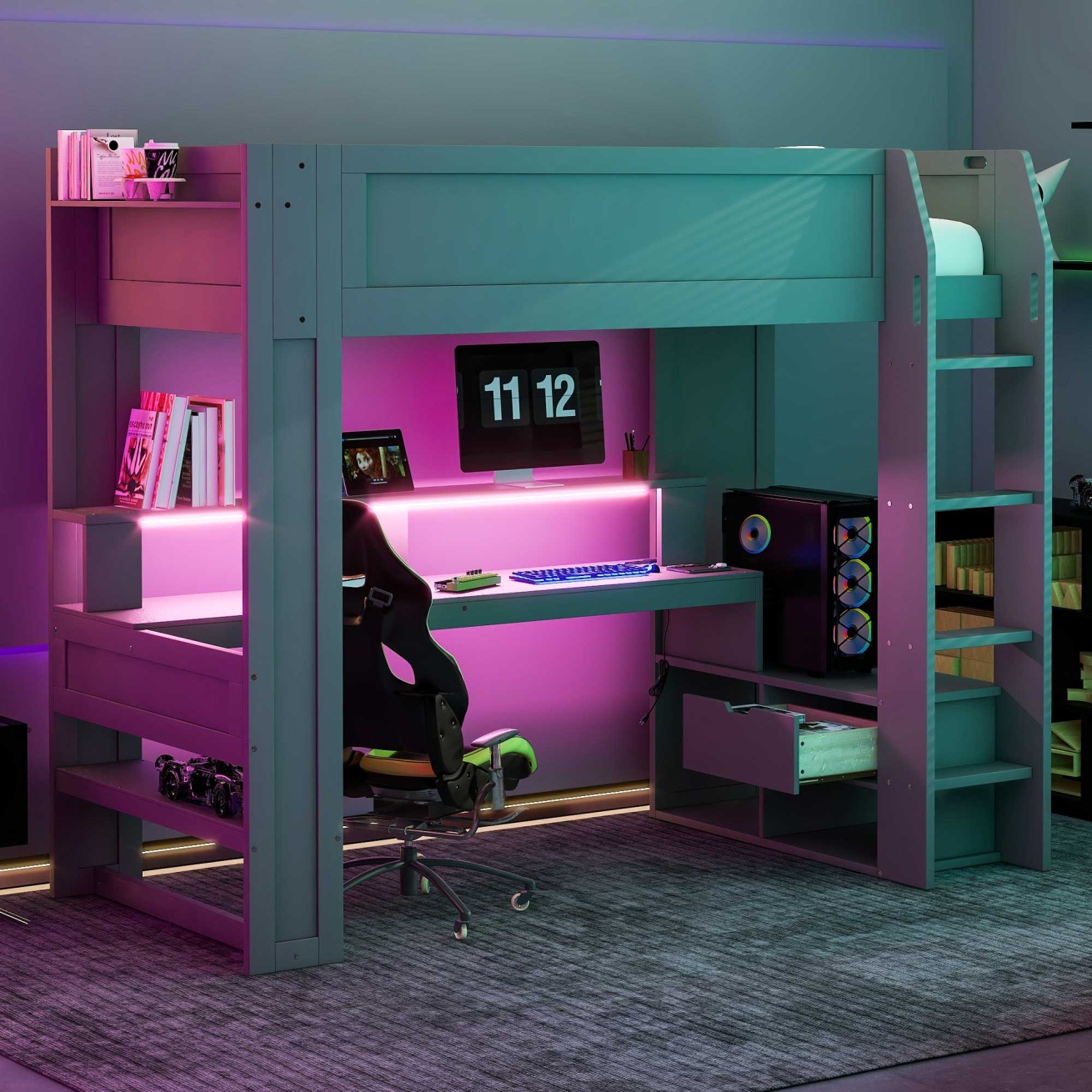 Twin Size Wooden Gamer's Loft Bed with Desk, Storage, Charging Station