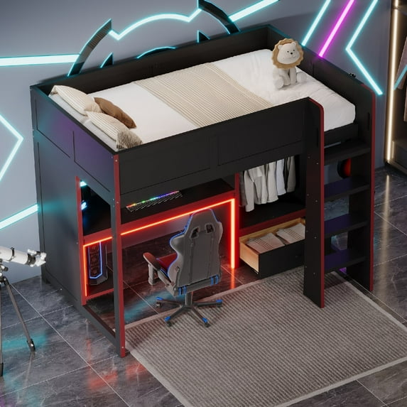 Twin Size Gaming Loft Bed Frame with Built-in Desk and Wardrobe, Wooden Loft Bed with 1 Drawer and LED Lights, Loft Bedframe with Safety Guard Rails and Ladder, Mattress Not Included, Black